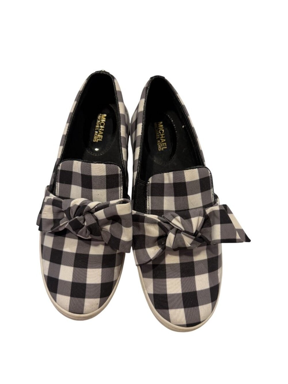 Michael Kors Black & White Plaid Slip-On Sneakers Bow Size 7 gingham Willa platf